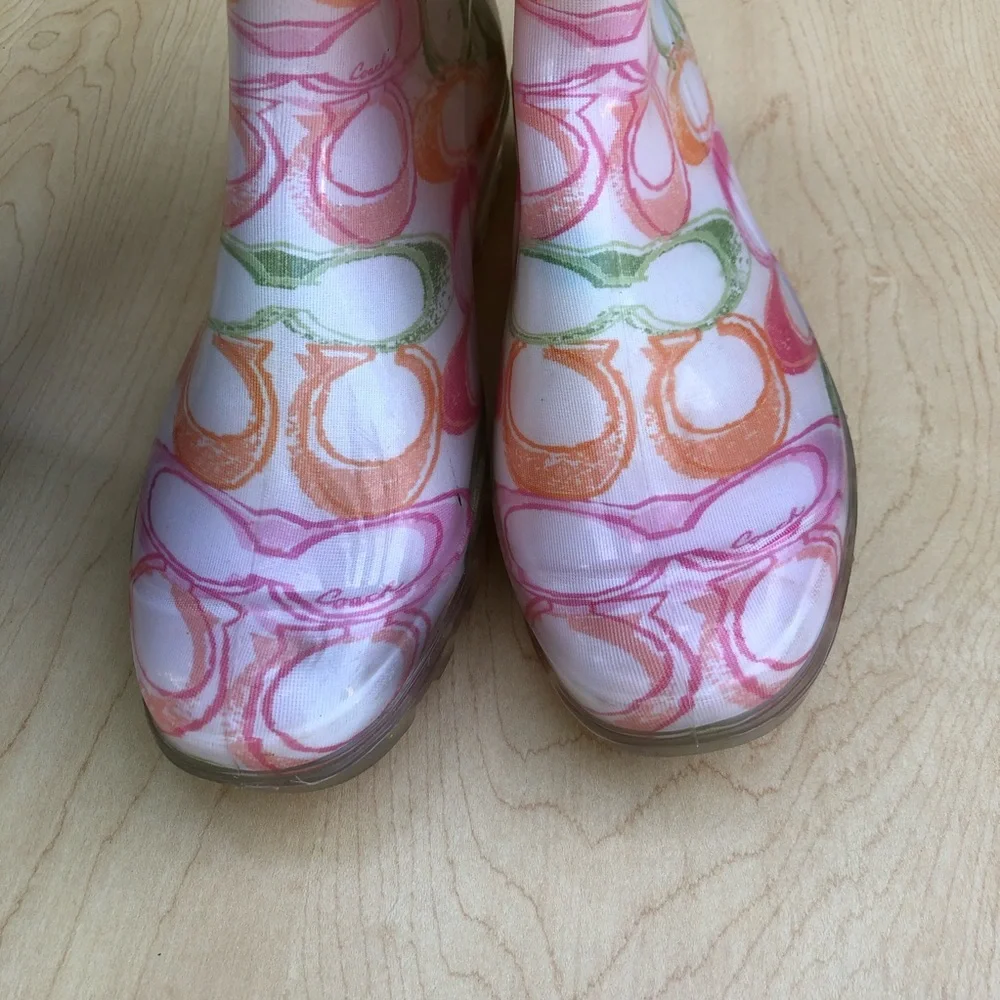 COACH PINK GREEN ORANGE WHITE LOGO RUBBER RAIN BOOTS VINTAGE Y2K DESIGNER SZ 6